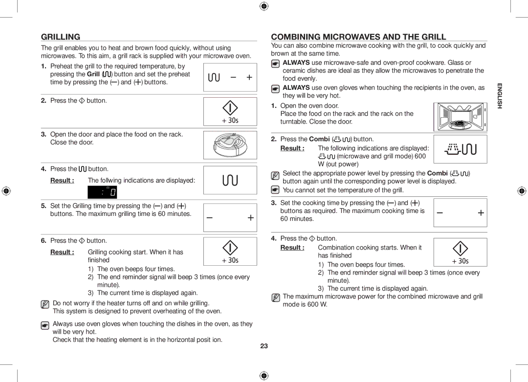 Samsung GS89F-1S/BAL manual Grilling, Combining microwaves and the grill, Preheat the grill to the required temperature, by 