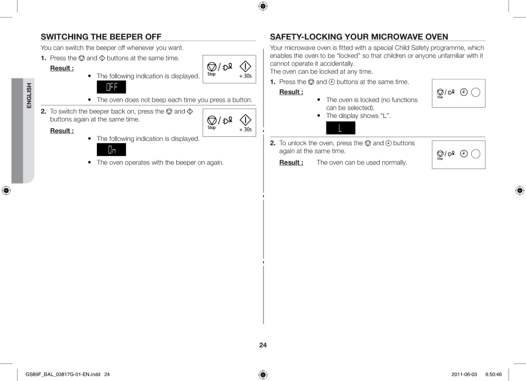 Samsung GS89F-1S/BAL manual Switching the beeper off, Safety-locking your microwave oven 