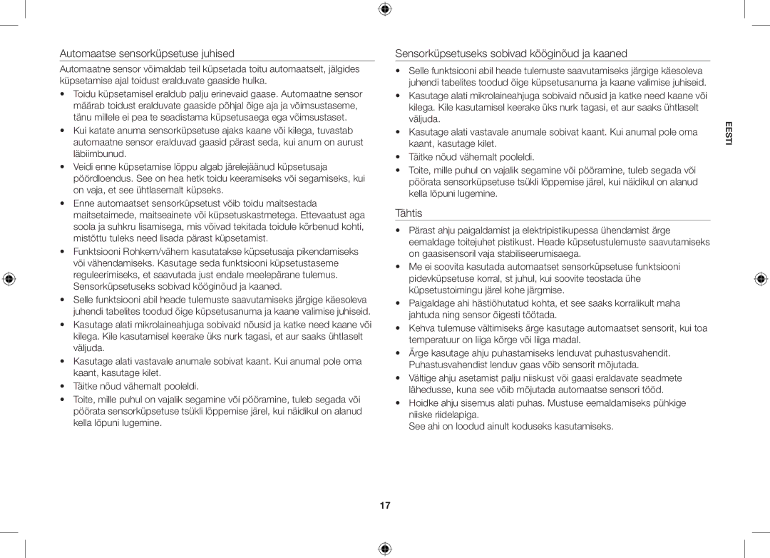 Samsung GS89F-1S/BAL manual Automaatse sensorküpsetuse juhised, Kella lõpuni lugemine 