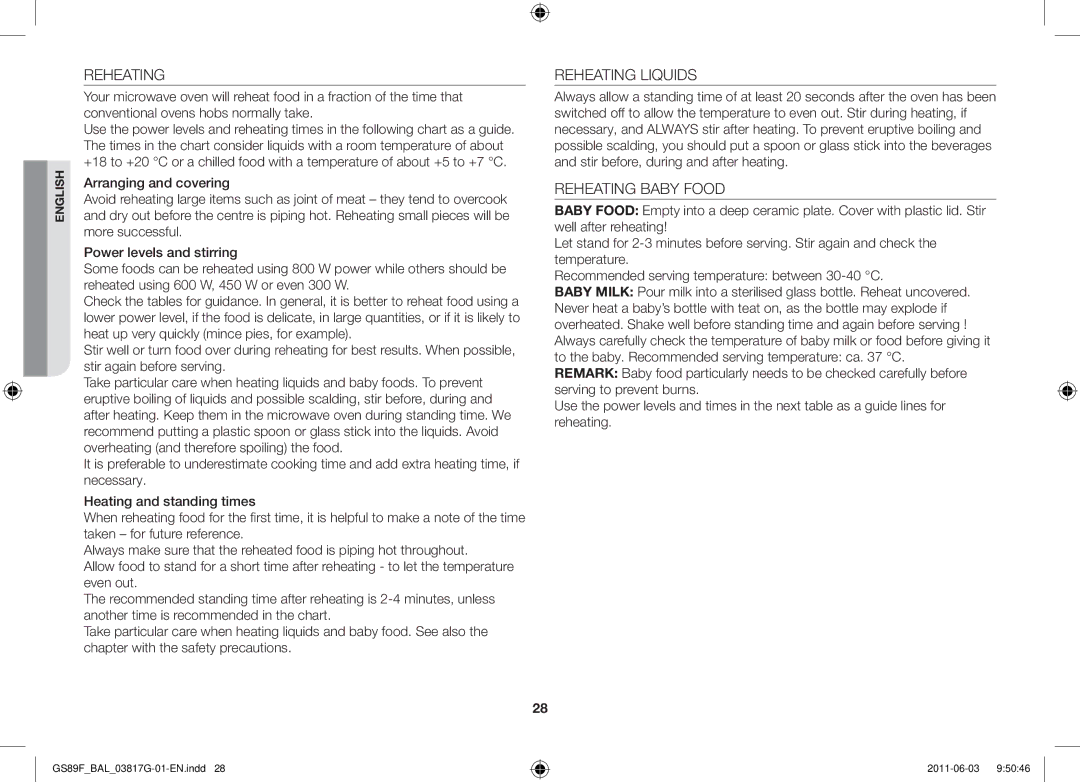 Samsung GS89F-1S/BAL manual Reheating Liquids, Reheating Baby Food 