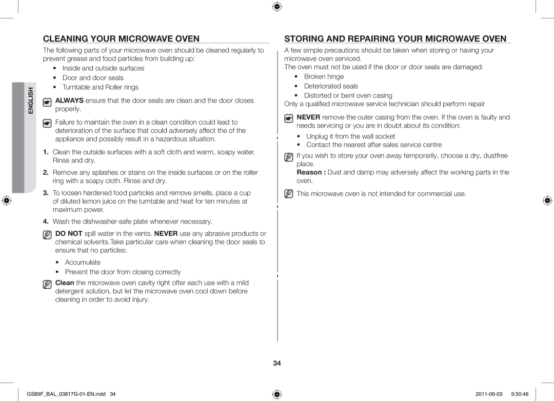 Samsung GS89F-1S/BAL manual Cleaning your microwave oven, Storing and repairing your microwave oven 