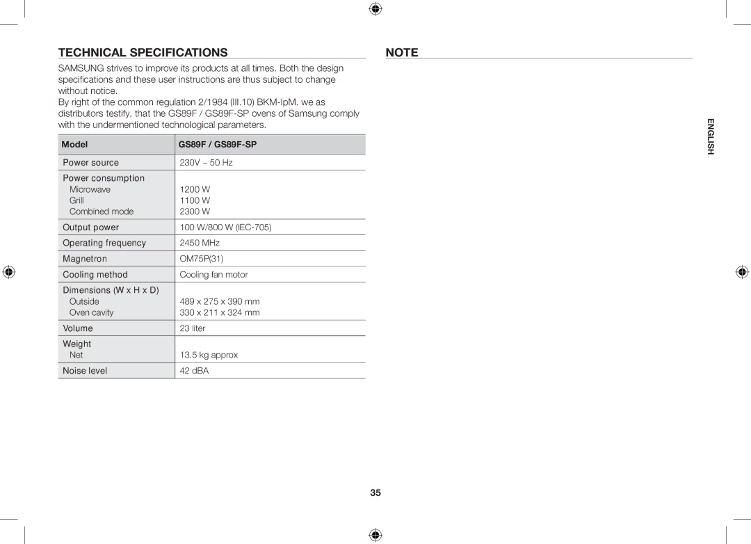 Samsung GS89F-1S/BAL manual Technical specifications, Model GS89F / GS89F-SP 