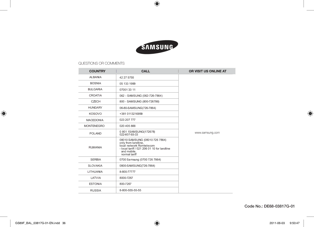 Samsung GS89F-1S/BAL manual Code No. DE68-03817G-01 