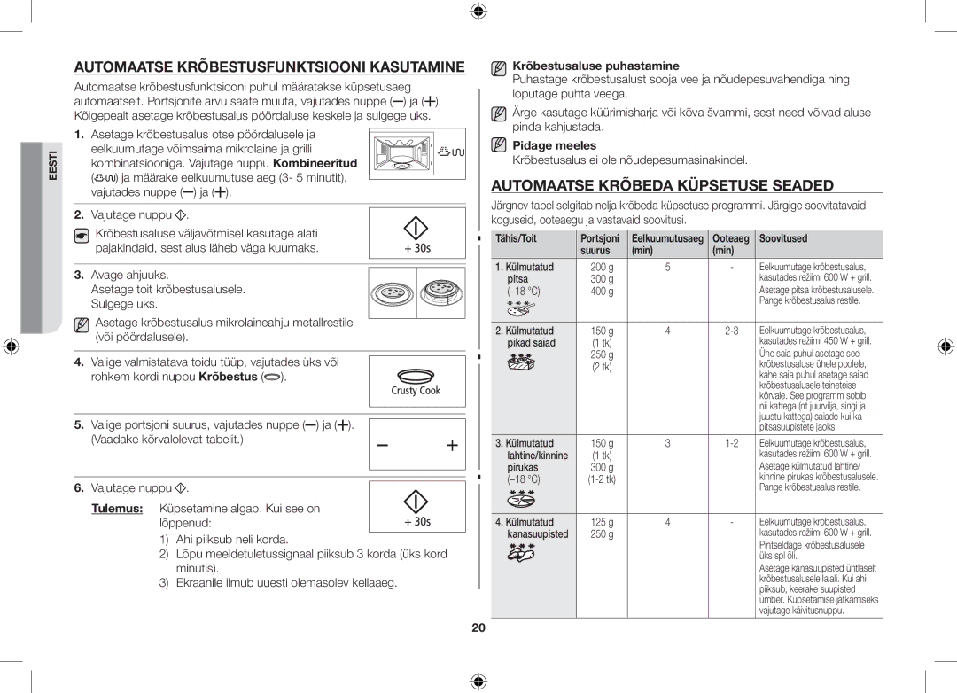 Samsung GS89F-1S/BAL manual Automaatse krõbestusfunktsiooni kasutamine, Automaatse krõbeda küpsetuse seaded, Pidage meeles 