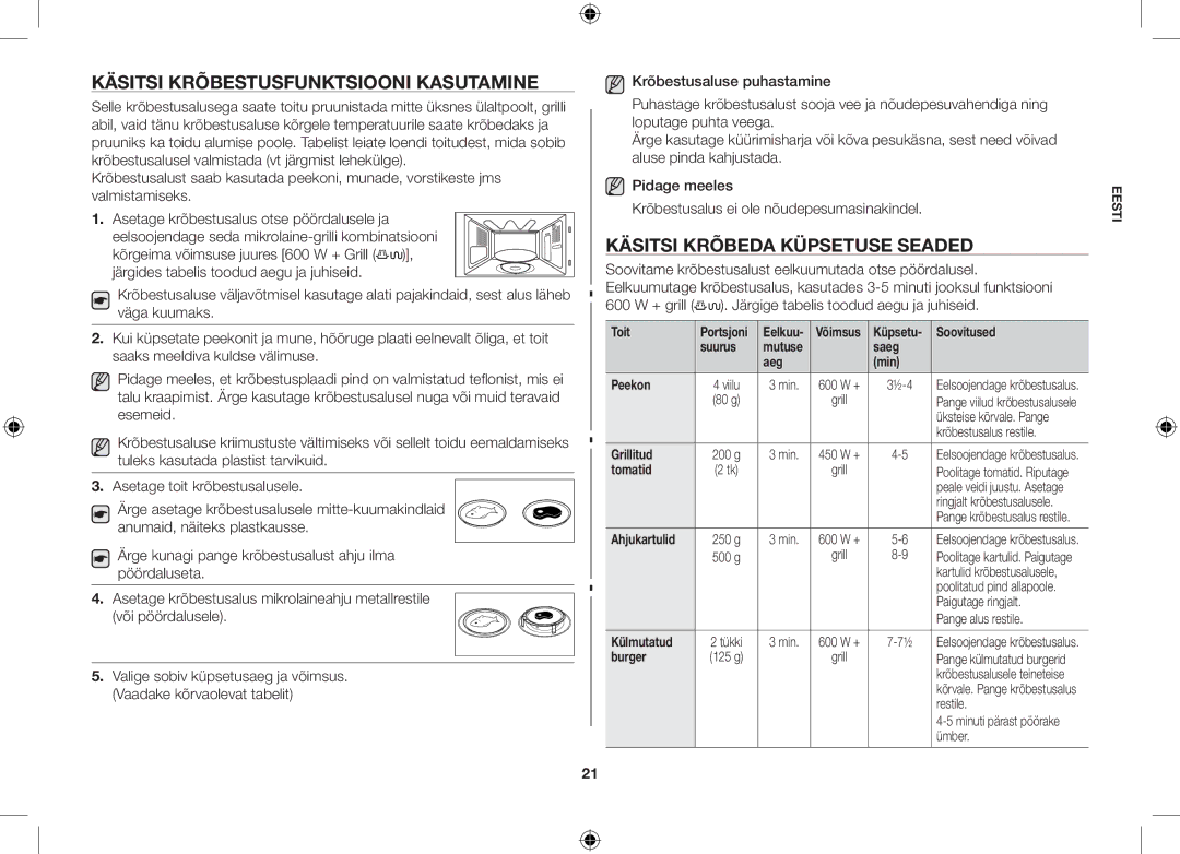 Samsung GS89F-1S/BAL manual Käsitsi krõbestusfunktsiooni kasutamine, Käsitsi krõbeda küpsetuse seaded 