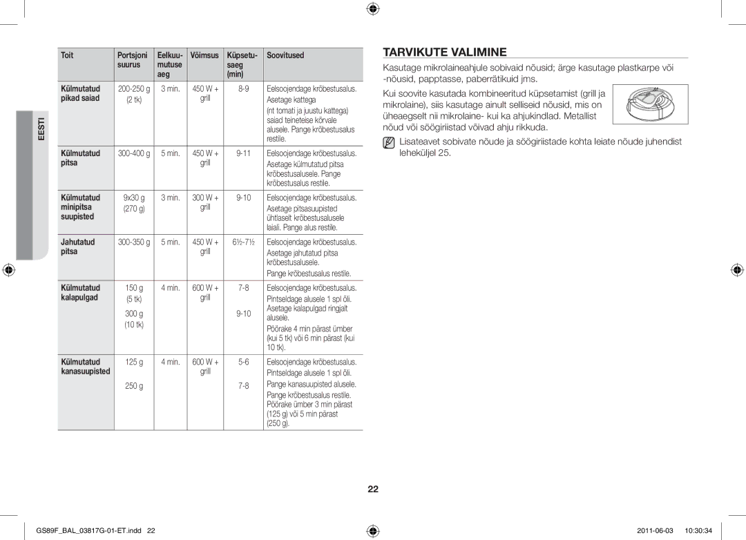 Samsung GS89F-1S/BAL manual Tarvikute valimine 