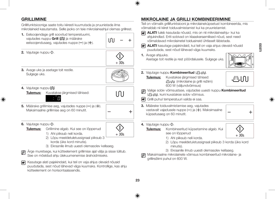 Samsung GS89F-1S/BAL manual Grillimine, Mikrolaine ja grilli kombineerimine 