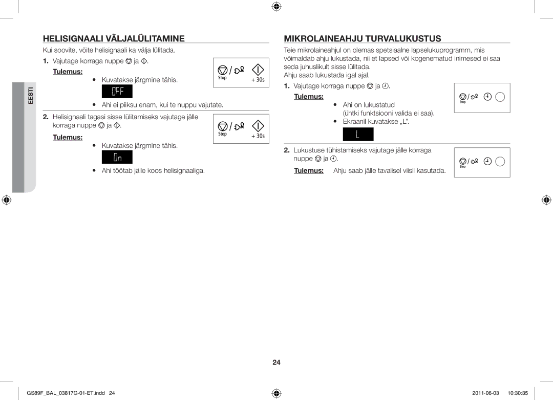 Samsung GS89F-1S/BAL manual Helisignaali väljalülitamine, Mikrolaineahju turvalukustus 