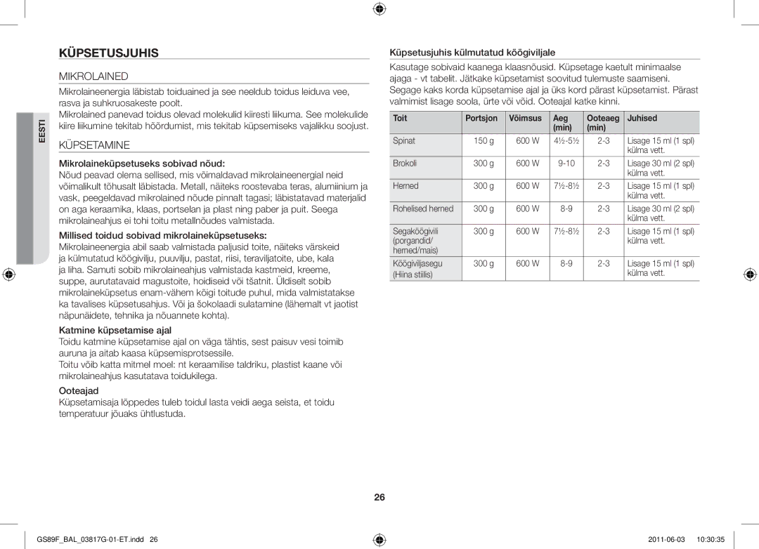 Samsung GS89F-1S/BAL manual Küpsetusjuhis, Mikrolained, Küpsetamine, Toit Portsjon Võimsus Aeg Ooteaeg Juhised Min 