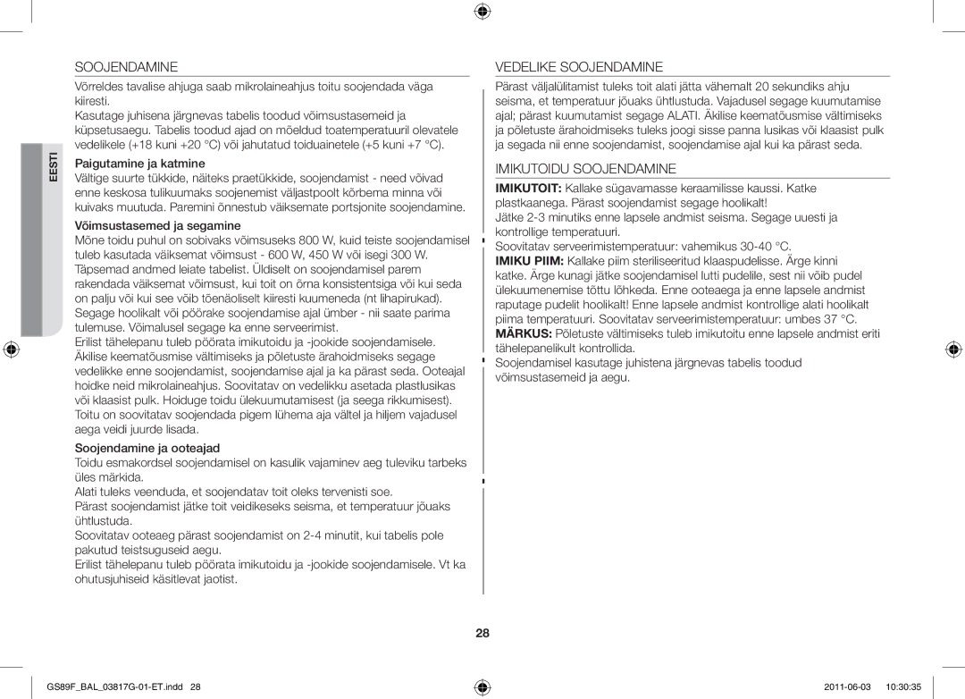 Samsung GS89F-1S/BAL manual Vedelike Soojendamine, Imikutoidu Soojendamine, Paigutamine ja katmine 