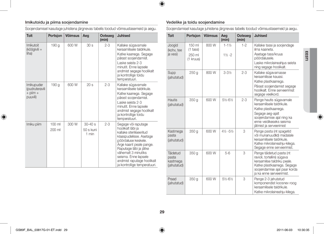 Samsung GS89F-1S/BAL manual Imikutoidu ja piima soojendamine, Vedelike ja toidu soojendamine 