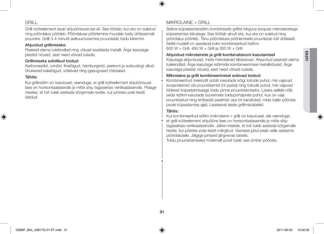 Samsung GS89F-1S/BAL manual Mikrolaine + Grill 