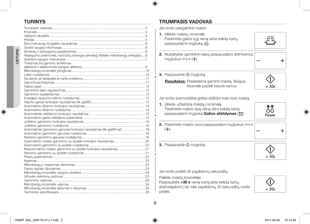 Samsung GS89F-1S/BAL manual Turinys, Trumpasis vadovas, Jei norite automatiškai greitai atšildyti kokį nors maistą 