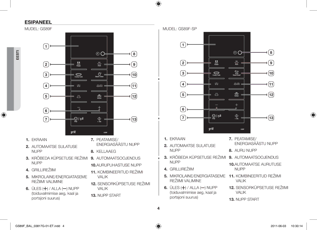 Samsung GS89F-1S/BAL manual Esipaneel, Üles, Toiduvalmimise aeg, kaal ja, Portsjoni suurus, Alla 