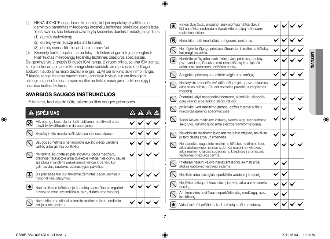 Samsung GS89F-1S/BAL manual Svarbios saugos instrukcijos, Užtikrinkite, kad visada būtų taikomos šios saugos priemonės 