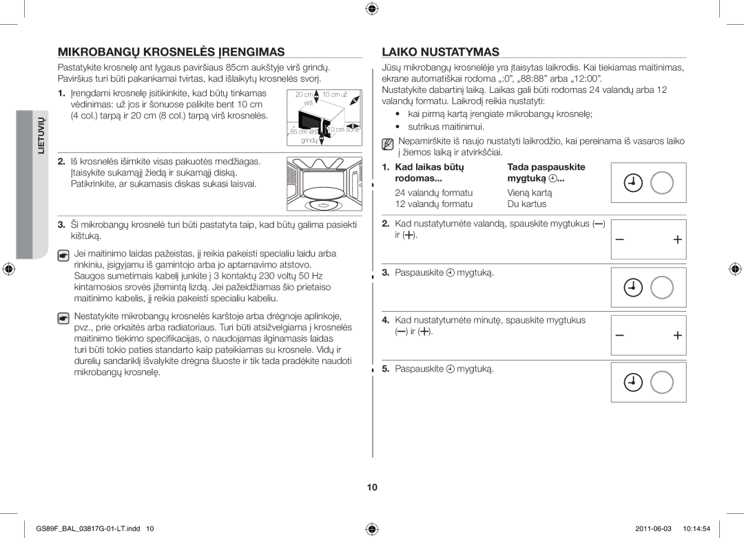 Samsung GS89F-1S/BAL manual Mikrobangų krosnelės įrengimas, Laiko nustatymas 