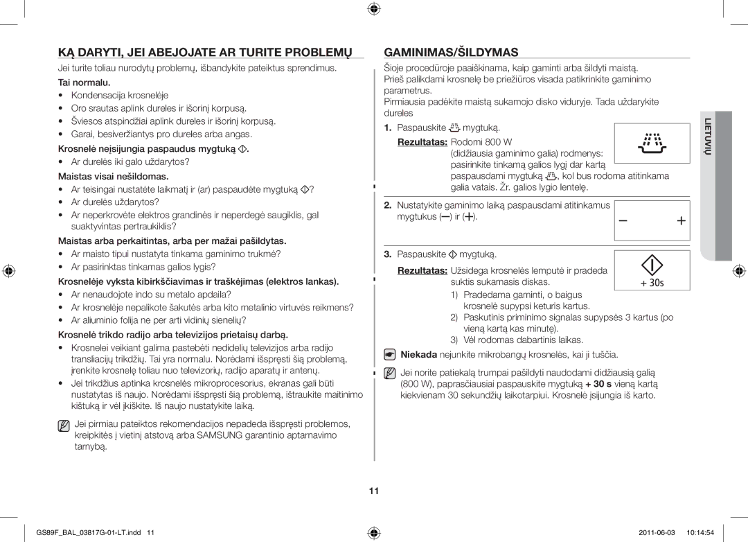 Samsung GS89F-1S/BAL manual Ką daryti, jei abejojate ar turite problemų, Gaminimas/Šildymas 