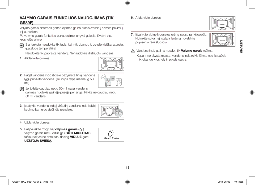 Samsung GS89F-1S/BAL manual Valymo garais funkcijos naudojimas tik GS89F, Uždarykite dureles 