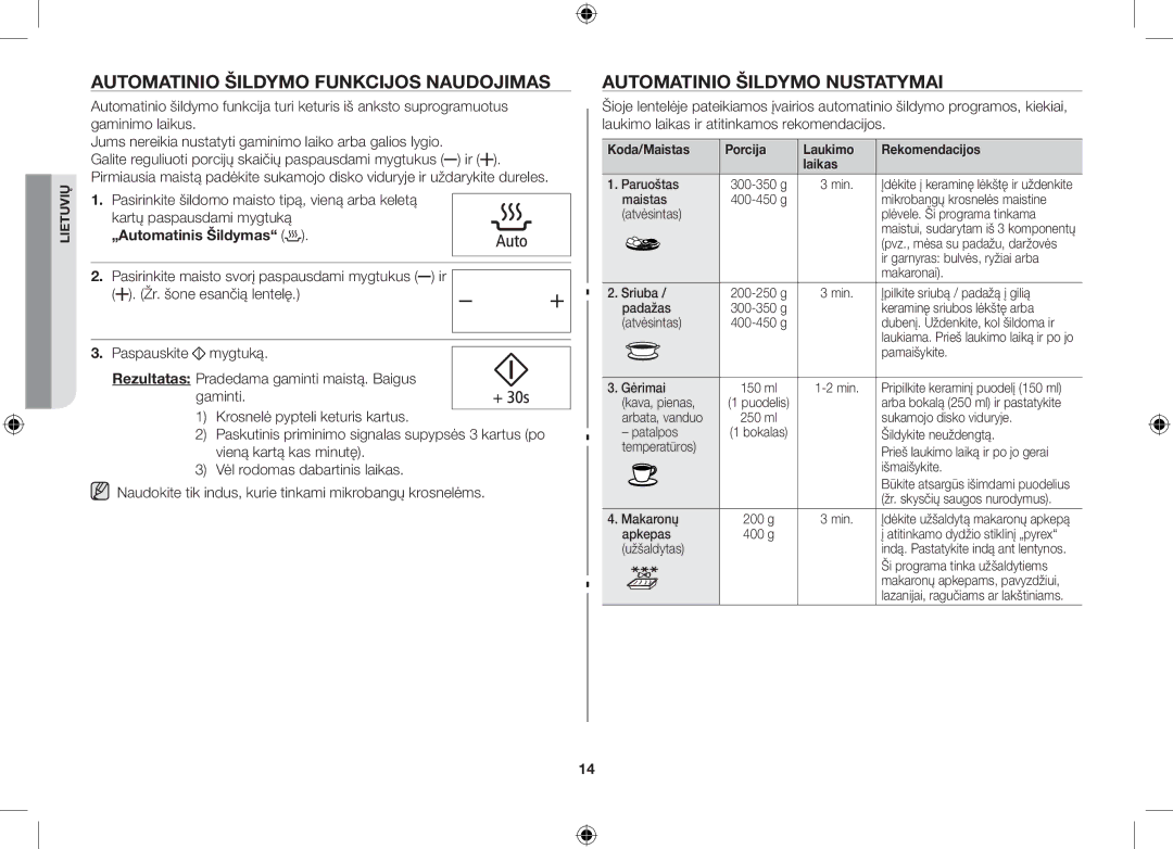 Samsung GS89F-1S/BAL manual Automatinio šildymo funkcijos naudojimas, Automatinio šildymo nustatymai, „Automatinis Šildymas 