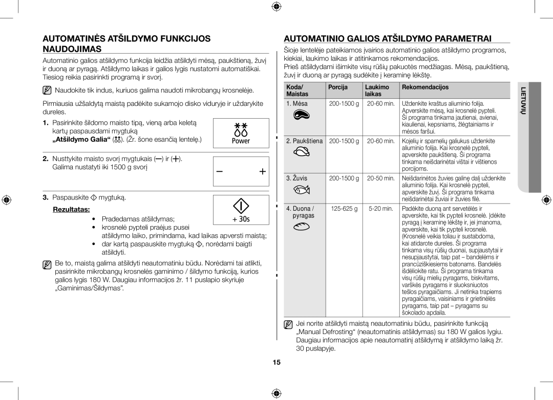 Samsung GS89F-1S/BAL manual Automatinės atšildymo funkcijos naudojimas, Automatinio galios atšildymo parametrai, Rezultatas 