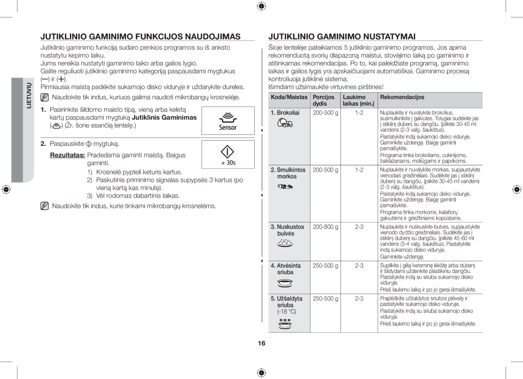 Samsung GS89F-1S/BAL manual Jutiklinio gaminimo funkcijos naudojimas, Jutiklinio gaminimo nustatymai 