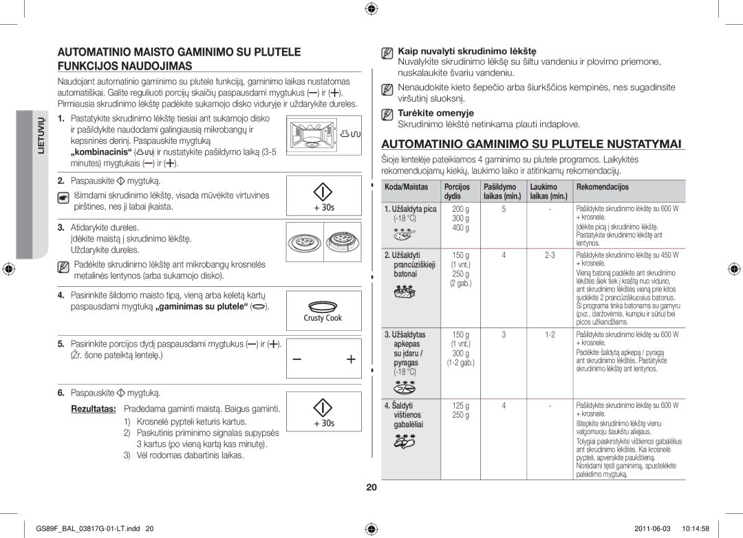 Samsung GS89F-1S/BAL manual Automatinio maisto gaminimo su plutele funkcijos naudojimas, Kaip nuvalyti skrudinimo lėkštę 