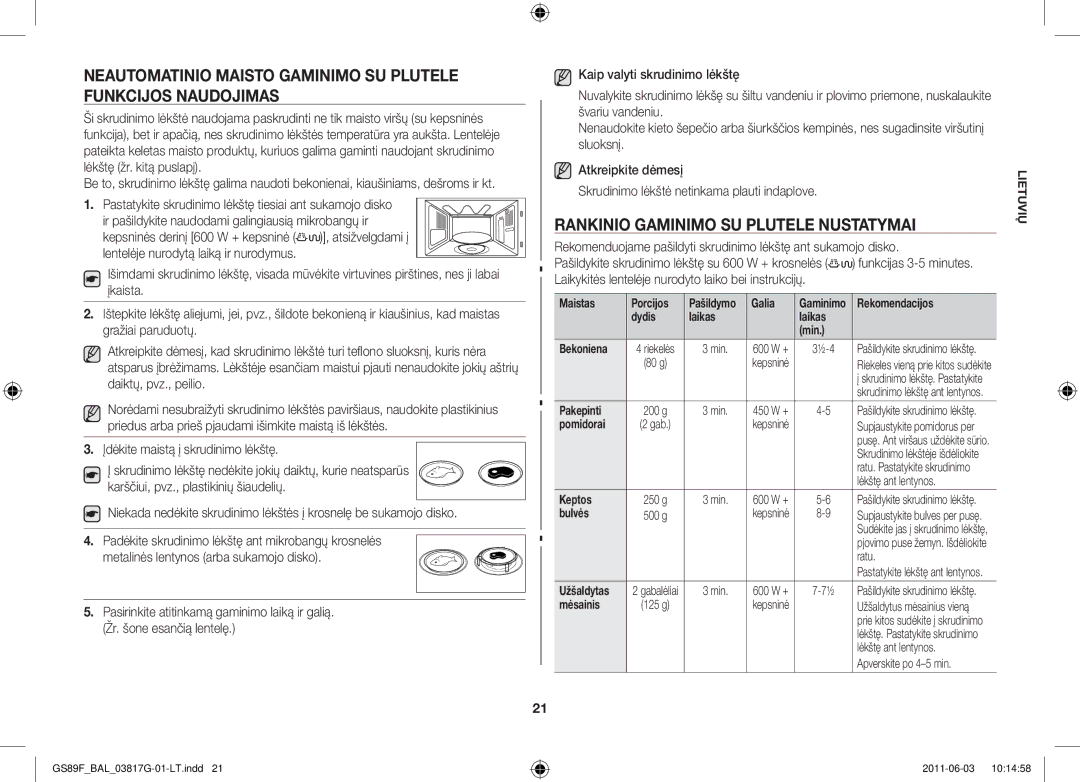 Samsung GS89F-1S/BAL manual Rankinio gaminimo su plutele nustatymai 