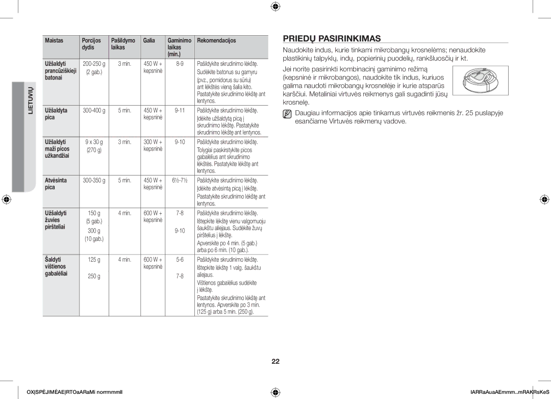 Samsung GS89F-1S/BAL manual Priedų pasirinkimas, Jei norite pasirinkti kombinacinį gaminimo režimą 