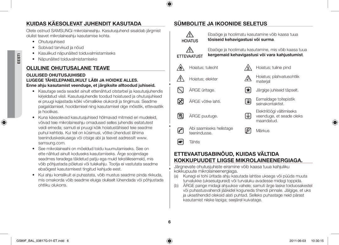 Samsung GS89F-1S/BAL manual Oluline ohutusalane teave, Maandatud, Abi saamiseks helistage Märkus Teenindusse Tähtis 