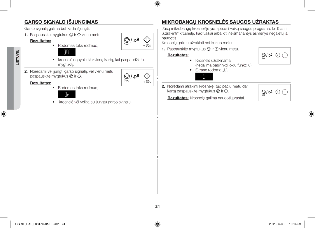 Samsung GS89F-1S/BAL manual Garso signalo išjungimas, Mikrobangų krosnelės saugos užraktas 