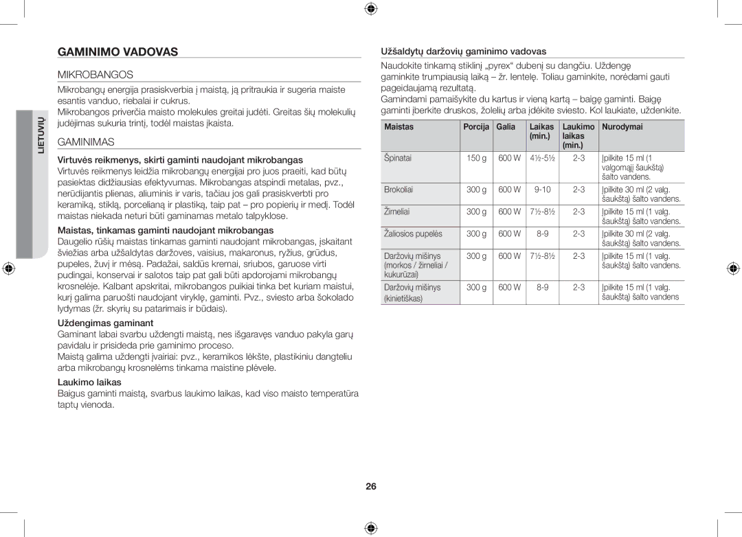 Samsung GS89F-1S/BAL manual Gaminimo vadovas, Mikrobangos, Gaminimas, Galia Laikas Laukimo Nurodymai Min 