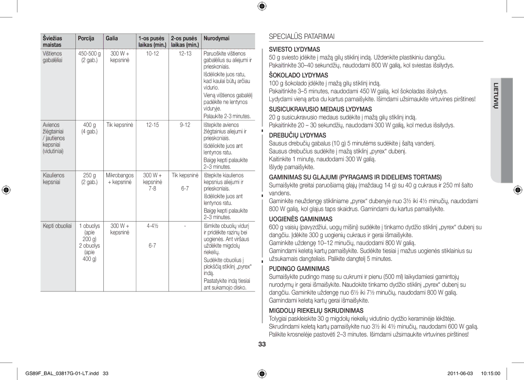 Samsung GS89F-1S/BAL manual Specialūs Patarimai, Gaminkite uždengę 10-12 minučių, naudodami 800 W galią 