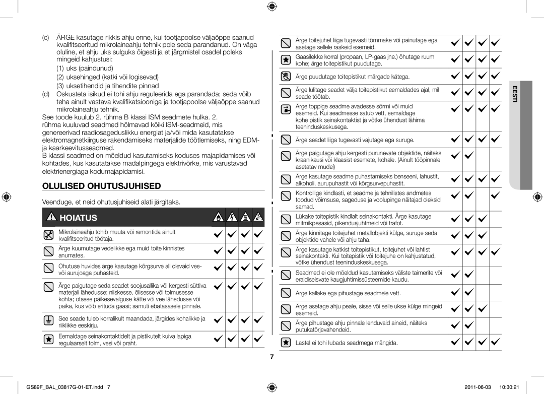 Samsung GS89F-1S/BAL manual Olulised ohutusjuhised, Veenduge, et neid ohutusjuhiseid alati järgitaks 