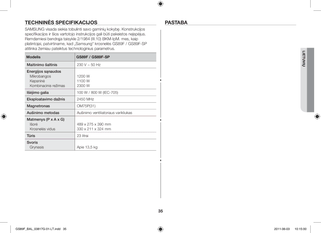 Samsung GS89F-1S/BAL manual Techninės specifikacijos, Modelis GS89F / GS89F-SP 