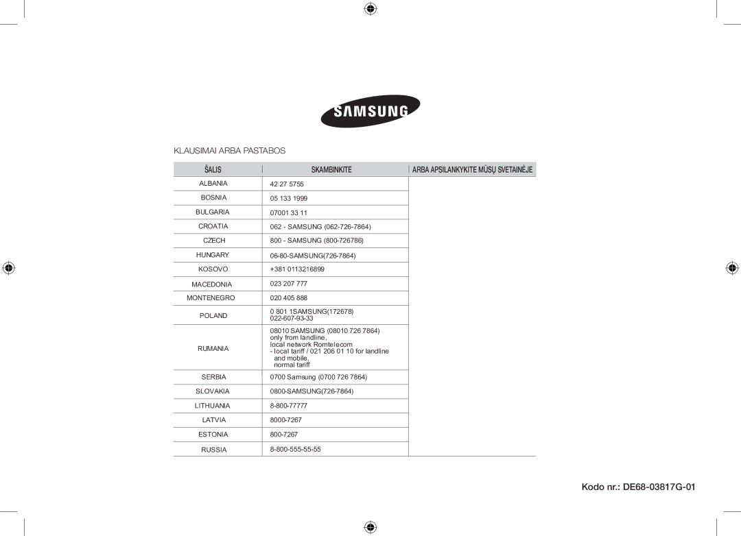 Samsung GS89F-1S/BAL manual Kodo nr. DE68-03817G-01, Skambinkite 