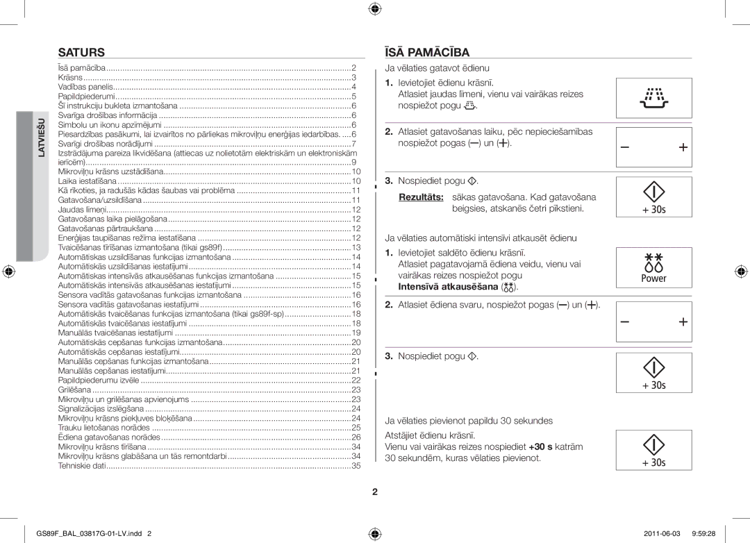 Samsung GS89F-1S/BAL manual Saturs, Īsā pamācība, Intensīvā atkausēšana 