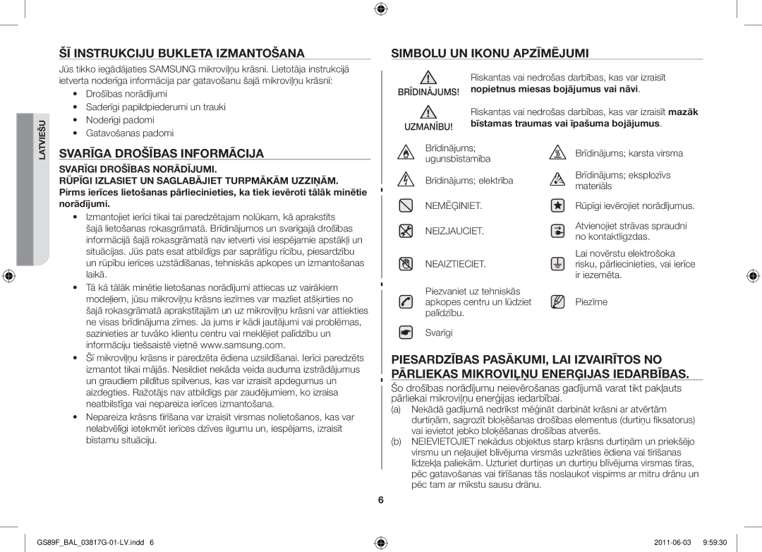 Samsung GS89F-1S/BAL manual Svarīga drošības informācija, Laikā, Brīdinājums Ugunsbīstamība Brīdinājums elektrība 