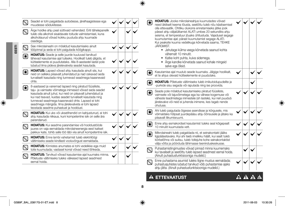 Samsung GS89F-1S/BAL manual Ettevaatust 