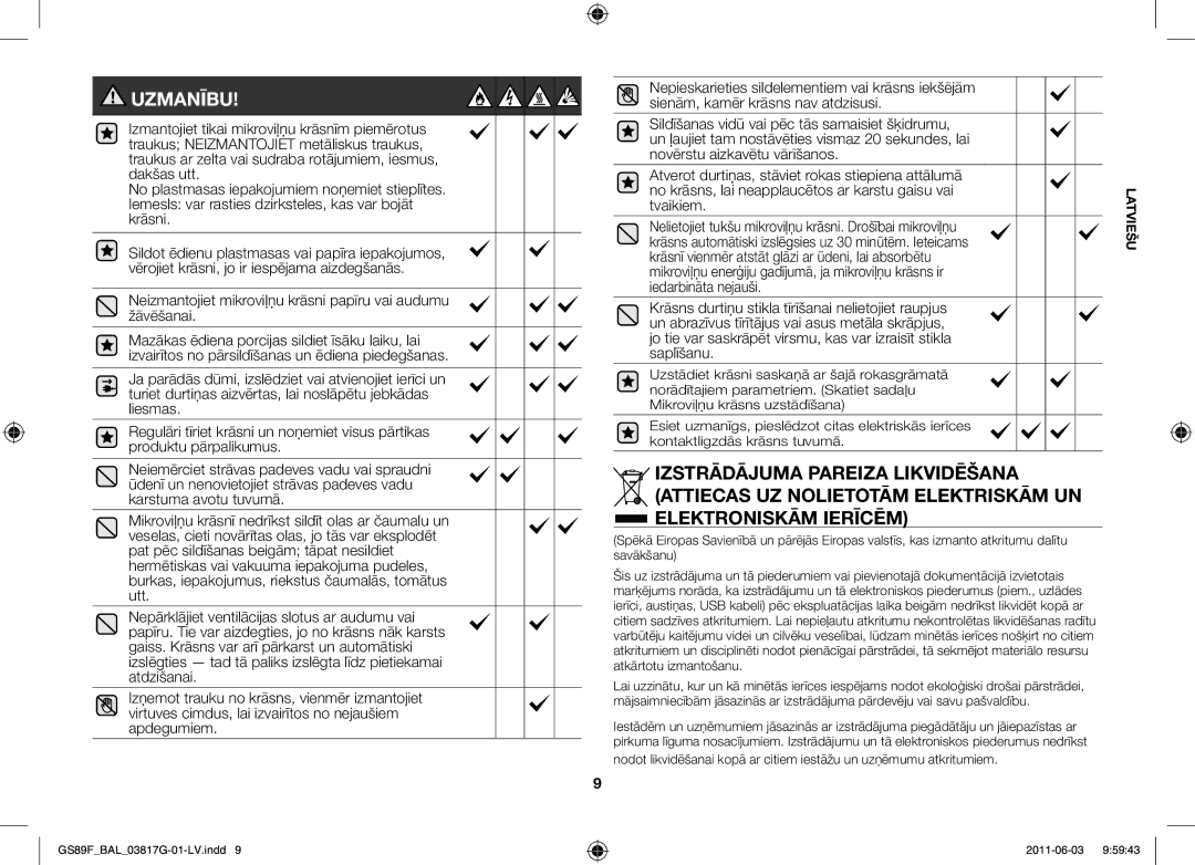 Samsung GS89F-1S/BAL manual Neizmantojiet mikroviļņu krāsni papīru vai audumu žāvēšanai, Tvaikiem 