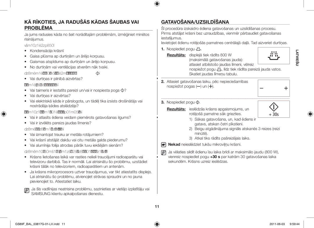 Samsung GS89F-1S/BAL manual Kā rīkoties, ja radušās kādas šaubas vai problēma, Gatavošana/uzsildīšana 