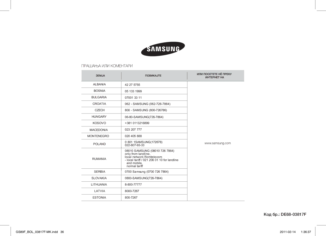 Samsung GS89F-1S/BOL manual Код бр. DE68-03817F 