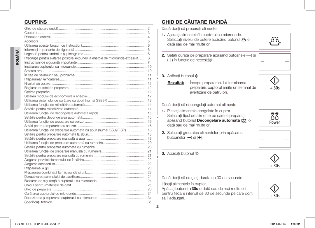 Samsung GS89F-1S/BOL manual Cuprins, Ghid DE Căutare Rapidă 