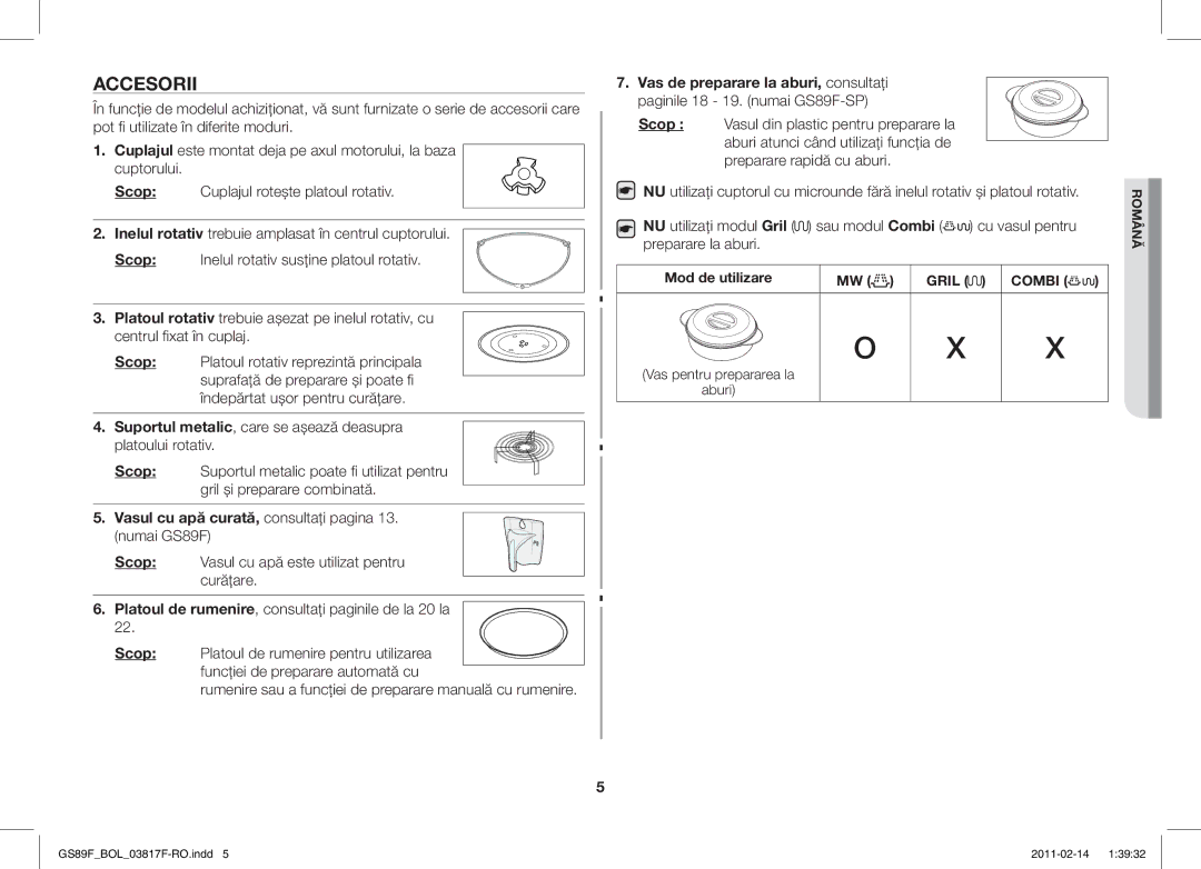 Samsung GS89F-1S/BOL manual Accesorii, Vasul cu apă curată, consultaţi pagina 13. numai GS89F, Mod de utilizare Gril Combi 