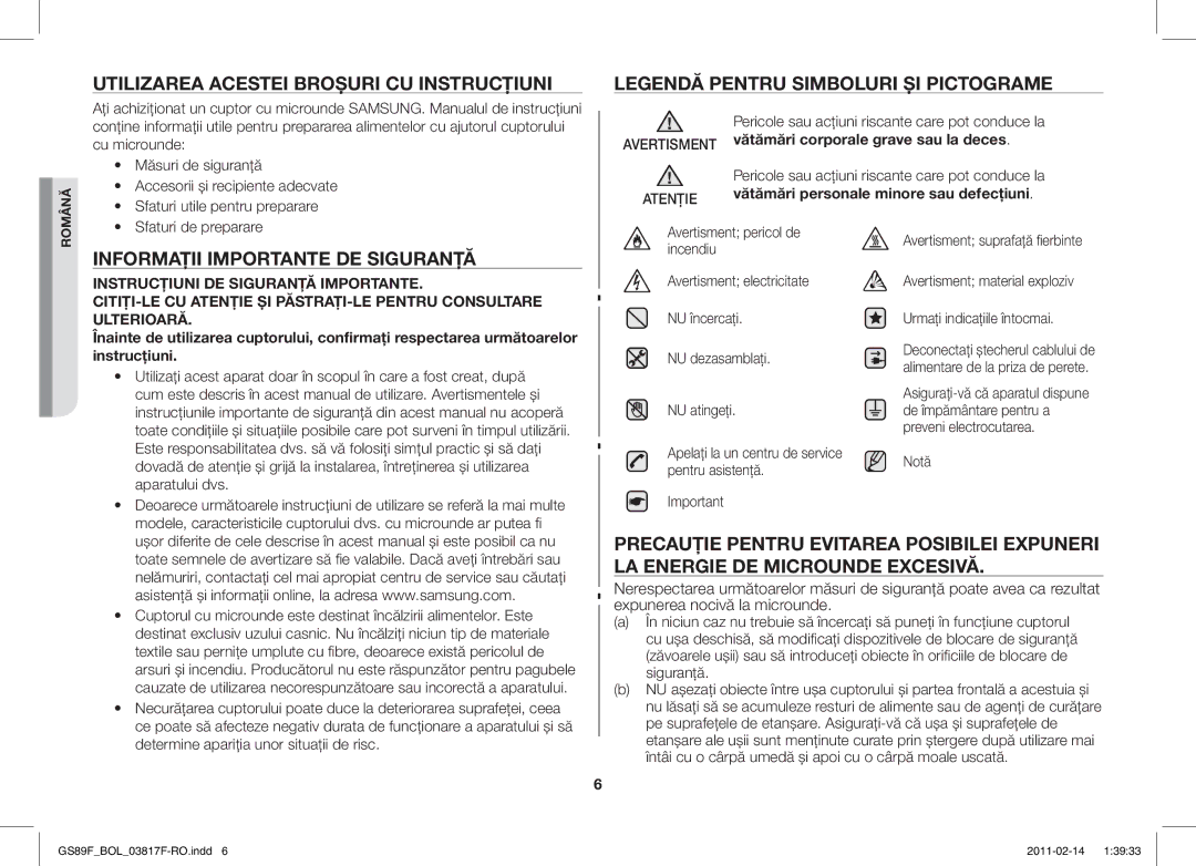 Samsung GS89F-1S/BOL manual Utilizarea Acestei Broşuri CU Instrucţiuni, Informaţii Importante DE Siguranţă 