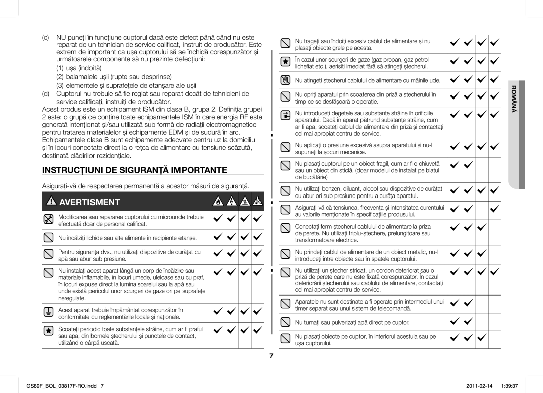 Samsung GS89F-1S/BOL manual Instrucţiuni DE Siguranţă Importante, Avertisment 