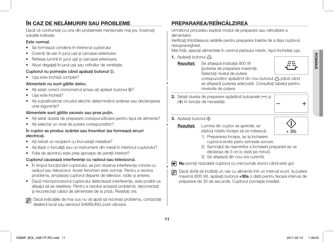 Samsung GS89F-1S/BOL manual ÎN CAZ DE Nelămuriri SAU Probleme, Prepararea/Reîncălzirea, Până când 