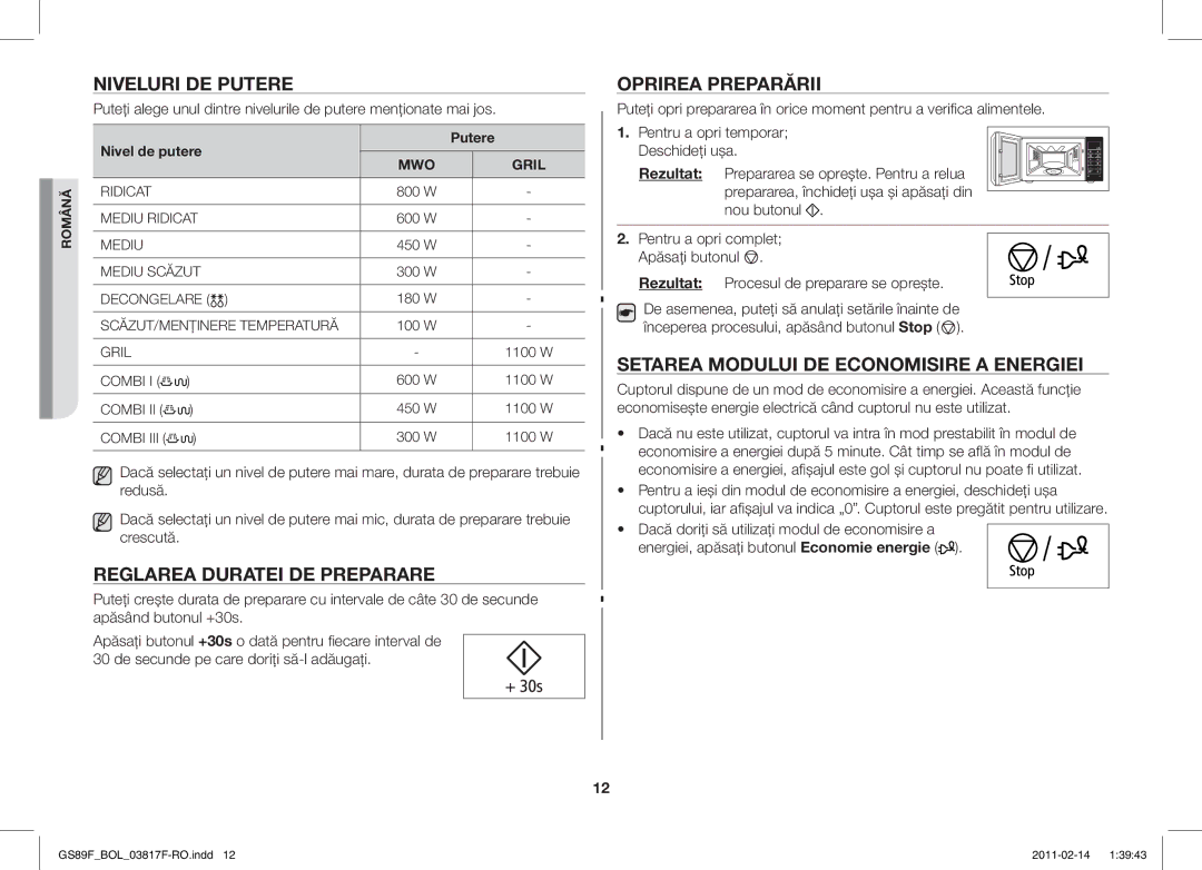 Samsung GS89F-1S/BOL manual Niveluri DE Putere, Reglarea Duratei DE Preparare, Oprirea Preparării, Nivel de putere Putere 