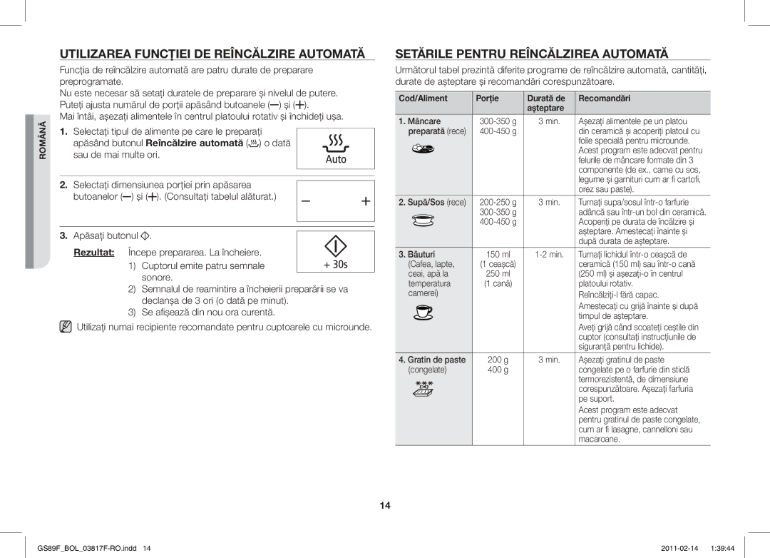 Samsung GS89F-1S/BOL manual Utilizarea Funcţiei DE Reîncălzire Automată, Setările Pentru Reîncălzirea Automată 