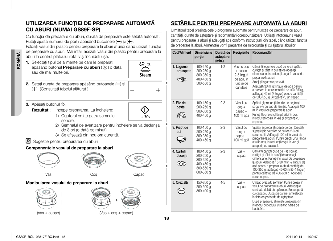 Samsung GS89F-1S/BOL manual Setările Pentru Preparare Automată LA Aburi, Componentele vasului de preparare la aburi 