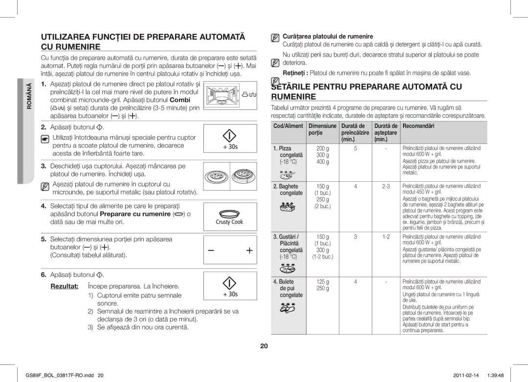 Samsung GS89F-1S/BOL Utilizarea Funcţiei DE Preparare Automată CU Rumenire, Setările Pentru Preparare Automată CU Rumenire 